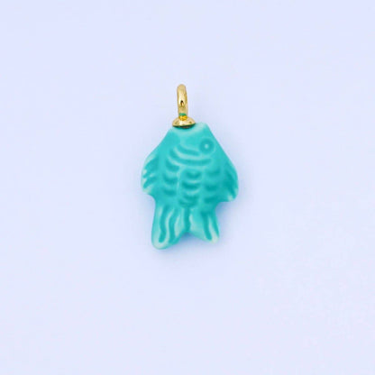24K Gold Filled 25mm Orange, Red, Yellow, Blue, Green, Teal Fish Ceramic Porcelain Drop Charm | C960 - C963: Green