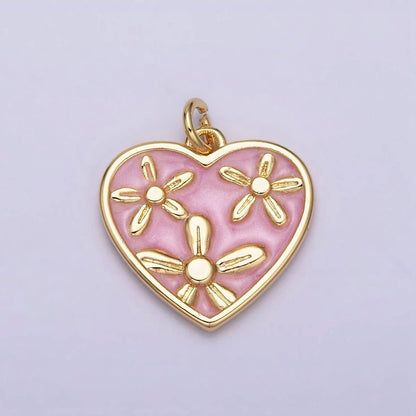 16K Gold Filled Triple Flower White, Pink, Blue Sparkly Enamel Heart Charm | AC1105 - AC1110: Silver / Purple