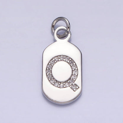Silver Rectangular Tag CZ Clear Micro Paved Personalized Initial Alphabet Name Tag Charm | A-A1887-A-A1899: ALL INITIAL