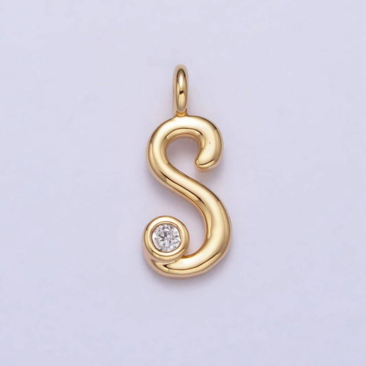Gold Initial Alphabet Lower Case Cursive Letter Clear CZ Personalized Charm | A-507-A-519: Letter S