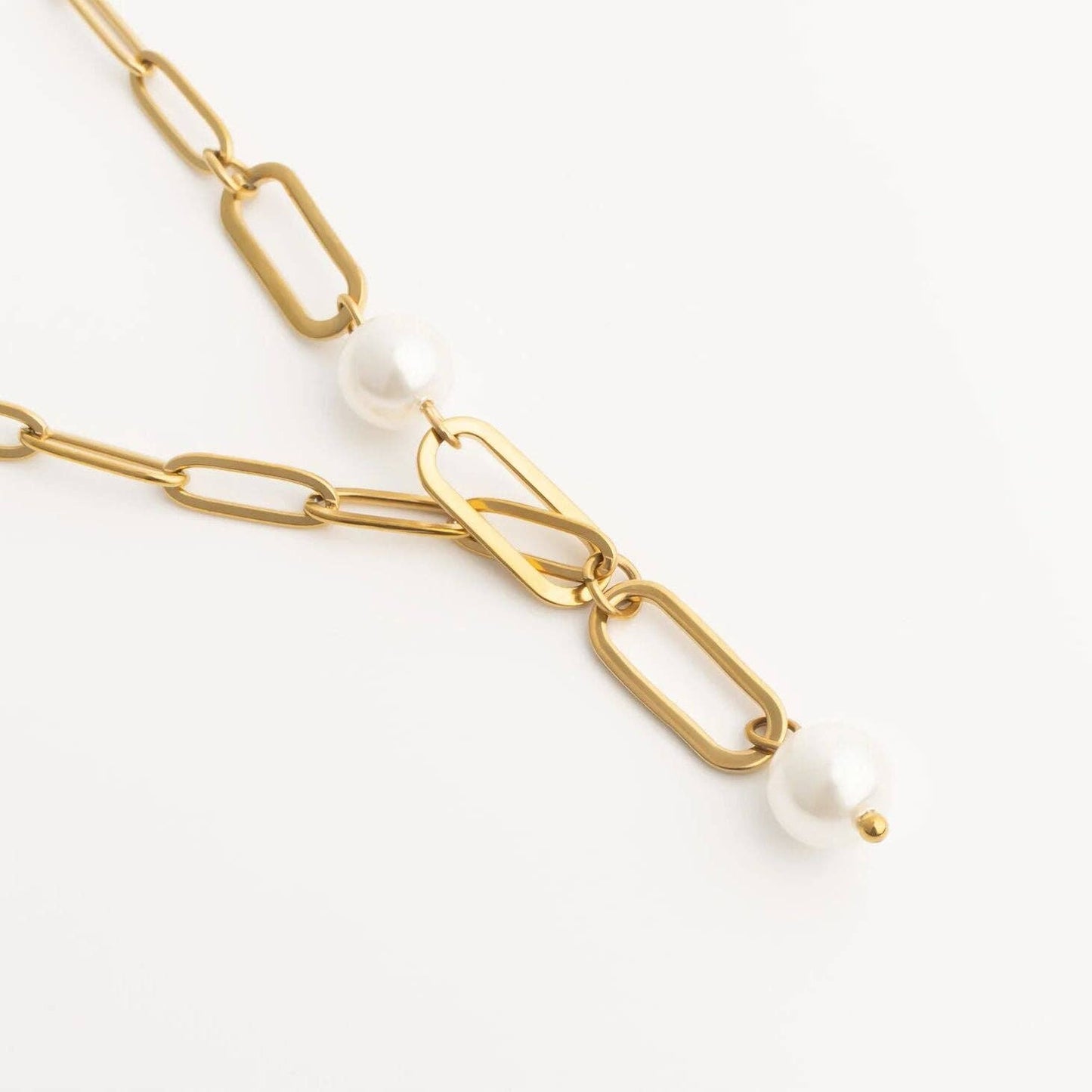 18K Gold PVD Stainless Steel Y Paperclip Necklace with Pearl: Gold