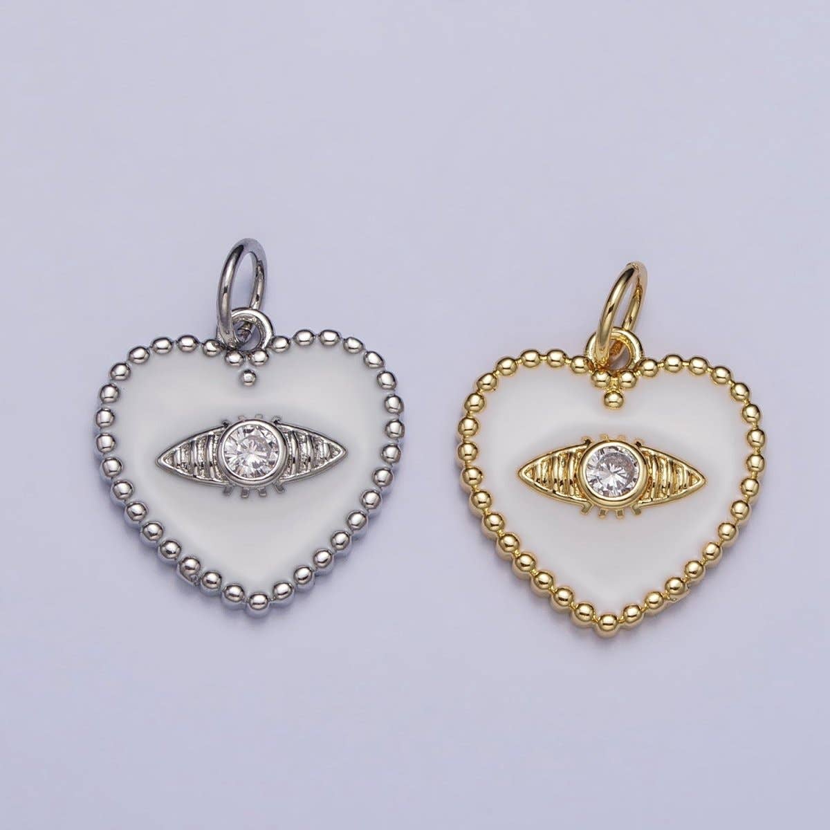 Gold, Silver Evil Eye Clear CZ White Enamel Beaded Heart Charm | AC999 AC1000: Silver