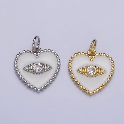 Gold, Silver Evil Eye Clear CZ White Enamel Beaded Heart Charm | AC999 AC1000: Silver