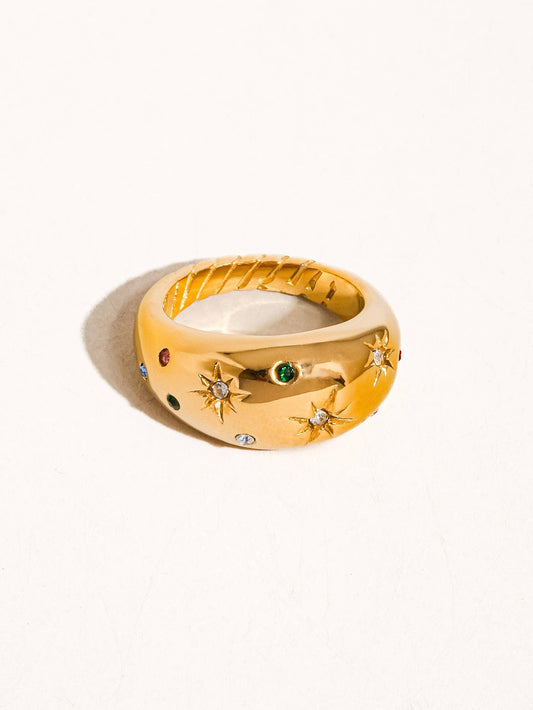 18K Gold Non-Tarnish Star Dome Ring: Yellow Gold / 8