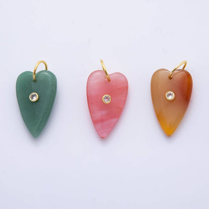 18K Gold Filled 35mm Carnelian, Aventurine, Quartz Long Heart Gemstone Charm | AH890 AH891: Watermelon Red