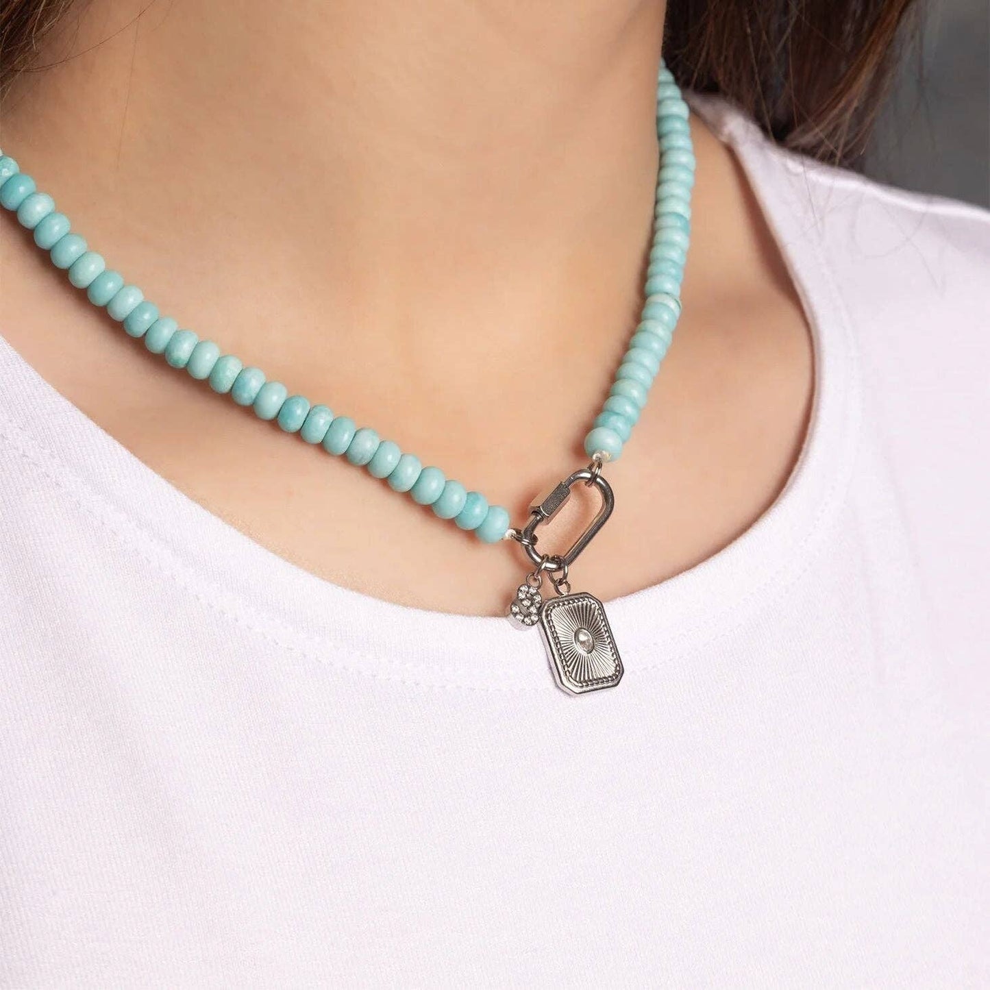 Stainless Steel Turquoise Chunky Bead Carabiner Necklace: Gold
