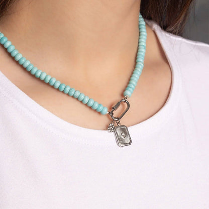 Stainless Steel Turquoise Chunky Bead Carabiner Necklace: Gold