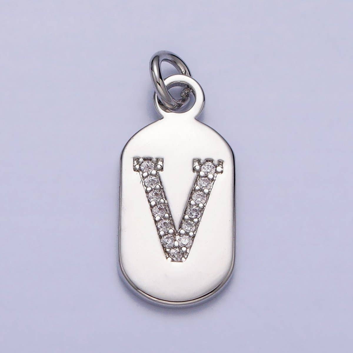 Silver Rectangular Tag CZ Clear Micro Paved Personalized Initial Alphabet Name Tag Charm | A-A1887-A-A1899: ALL INITIAL