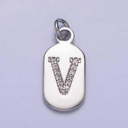 Silver Rectangular Tag CZ Clear Micro Paved Personalized Initial Alphabet Name Tag Charm | A-A1887-A-A1899: ALL INITIAL