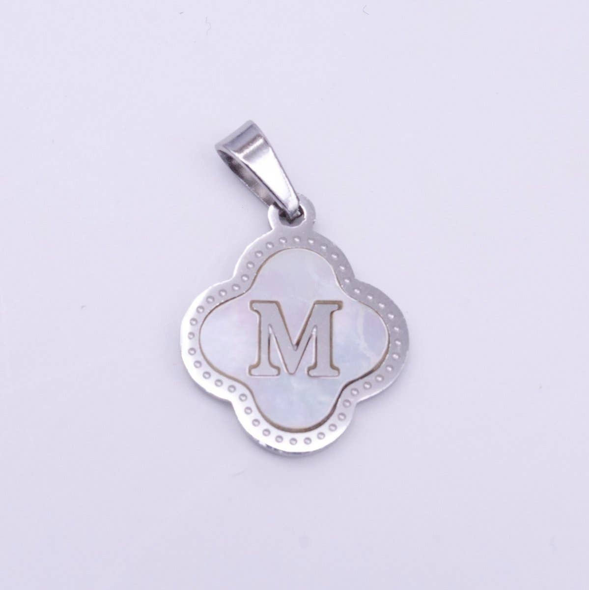 Stainless Steel A-Z Initial Letter Shell Pearl Quatrefoil Clover Silver Pendant Lucky Charm | A-754-A-766: ALL INITIAL