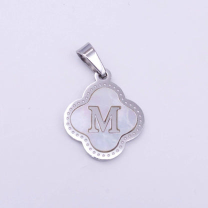 Stainless Steel A-Z Initial Letter Shell Pearl Quatrefoil Clover Silver Pendant Lucky Charm | A-754-A-766: ALL INITIAL