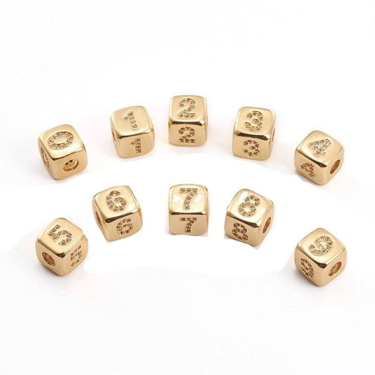 9mm Gold Initial Number Beads, 1,2,3,4,5,6,7 Beads, Arabic Number Beads Micro Pave Dice Block Charm for Bracelet Necklace Supply 0-9 year B-408 ~ B-412: 1