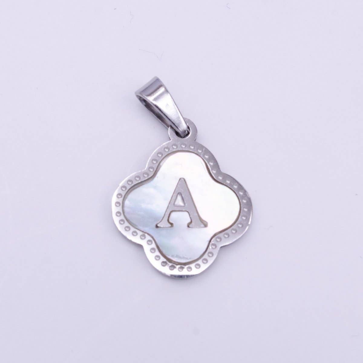 Stainless Steel A-Z Initial Letter Shell Pearl Quatrefoil Clover Silver Pendant Lucky Charm | A-754-A-766: ALL INITIAL