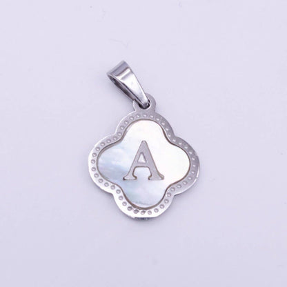 Stainless Steel A-Z Initial Letter Shell Pearl Quatrefoil Clover Silver Pendant Lucky Charm | A-754-A-766: ALL INITIAL