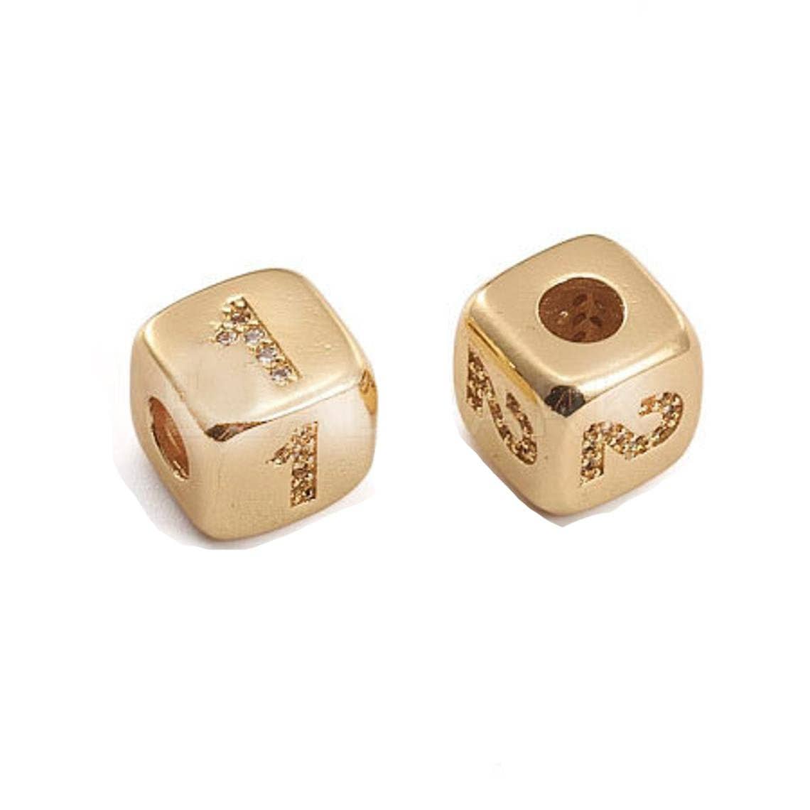 9mm Gold Initial Number Beads, 1,2,3,4,5,6,7 Beads, Arabic Number Beads Micro Pave Dice Block Charm for Bracelet Necklace Supply 0-9 year B-408 ~ B-412: 1