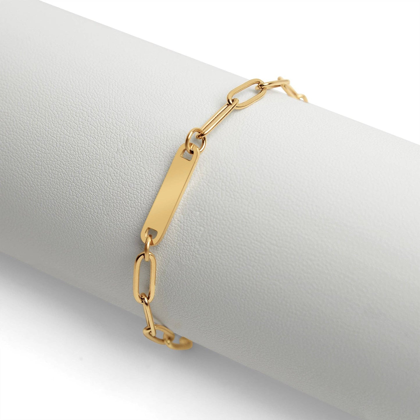Stainless Steel Engravable Paperclip Bar Bracelet: Gold