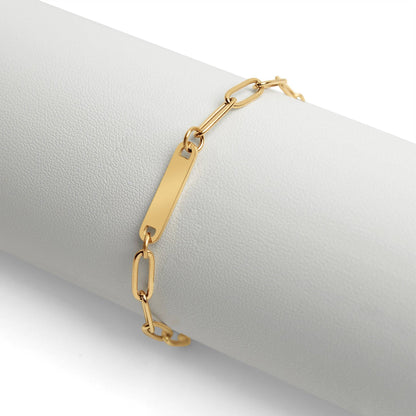 Stainless Steel Engravable Paperclip Bar Bracelet: Gold