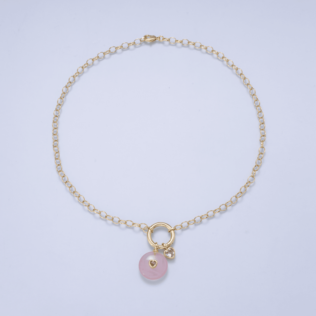 16K Gold Filled 6mm Push Gate Charm Connector Holder Ring Rolo Chain 18 Inch Necklace WA-00558
