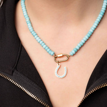 Stainless Steel Turquoise Chunky Bead Carabiner Necklace: Gold