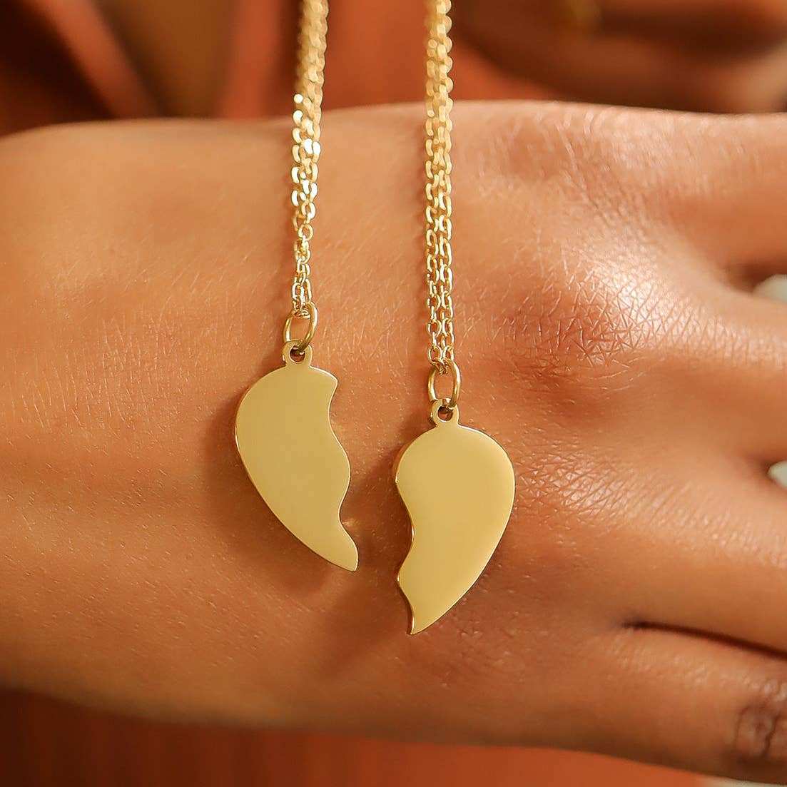 Engravable Break Apart Heart Necklace Set: Gold