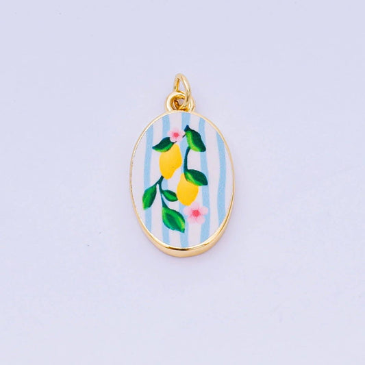 24K Gold Filled 23mm Enamel Art Oval Spring Holiday Charm in Flower, Butterfly, & Nature | AH-544 AH-545, AJ-513, AJ-514, AJ-520, AJ-528 - AJ530, AJ-532 - AJ-535, AJ-539 AJ-540, AJ-544 AJ-545, AJ-547: 6. Blue Lemon