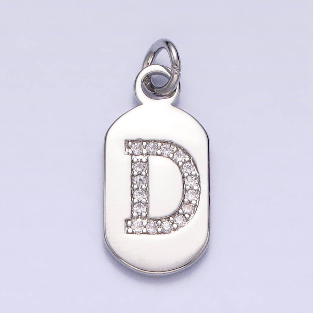 Silver Rectangular Tag CZ Clear Micro Paved Personalized Initial Alphabet Name Tag Charm | A-A1887-A-A1899: ALL INITIAL