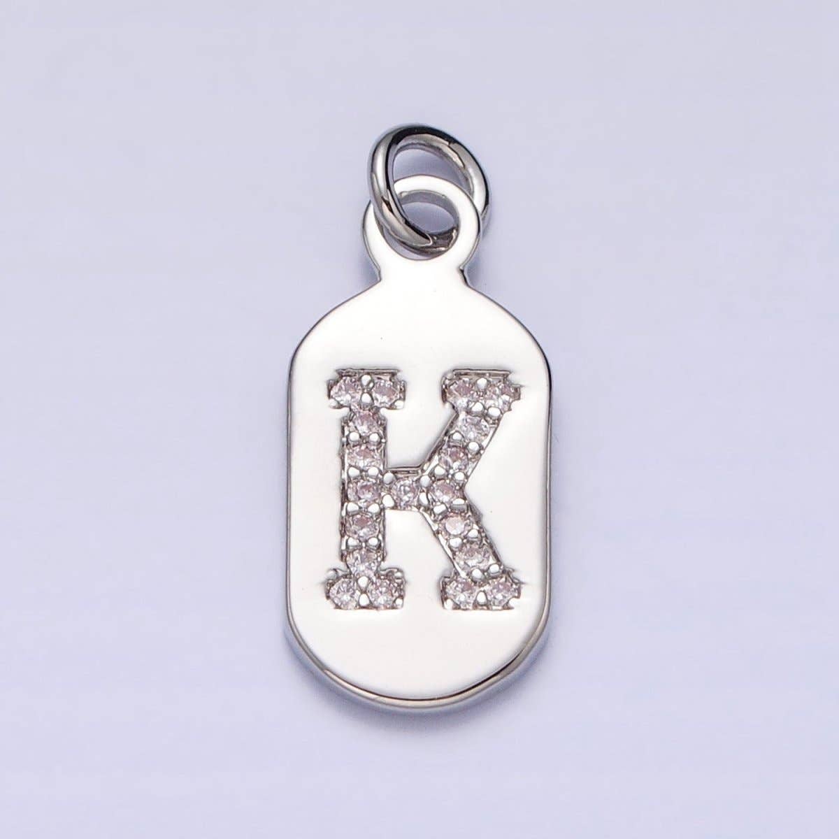 Silver Rectangular Tag CZ Clear Micro Paved Personalized Initial Alphabet Name Tag Charm | A-A1887-A-A1899: ALL INITIAL