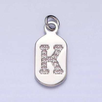 Silver Rectangular Tag CZ Clear Micro Paved Personalized Initial Alphabet Name Tag Charm | A-A1887-A-A1899: ALL INITIAL