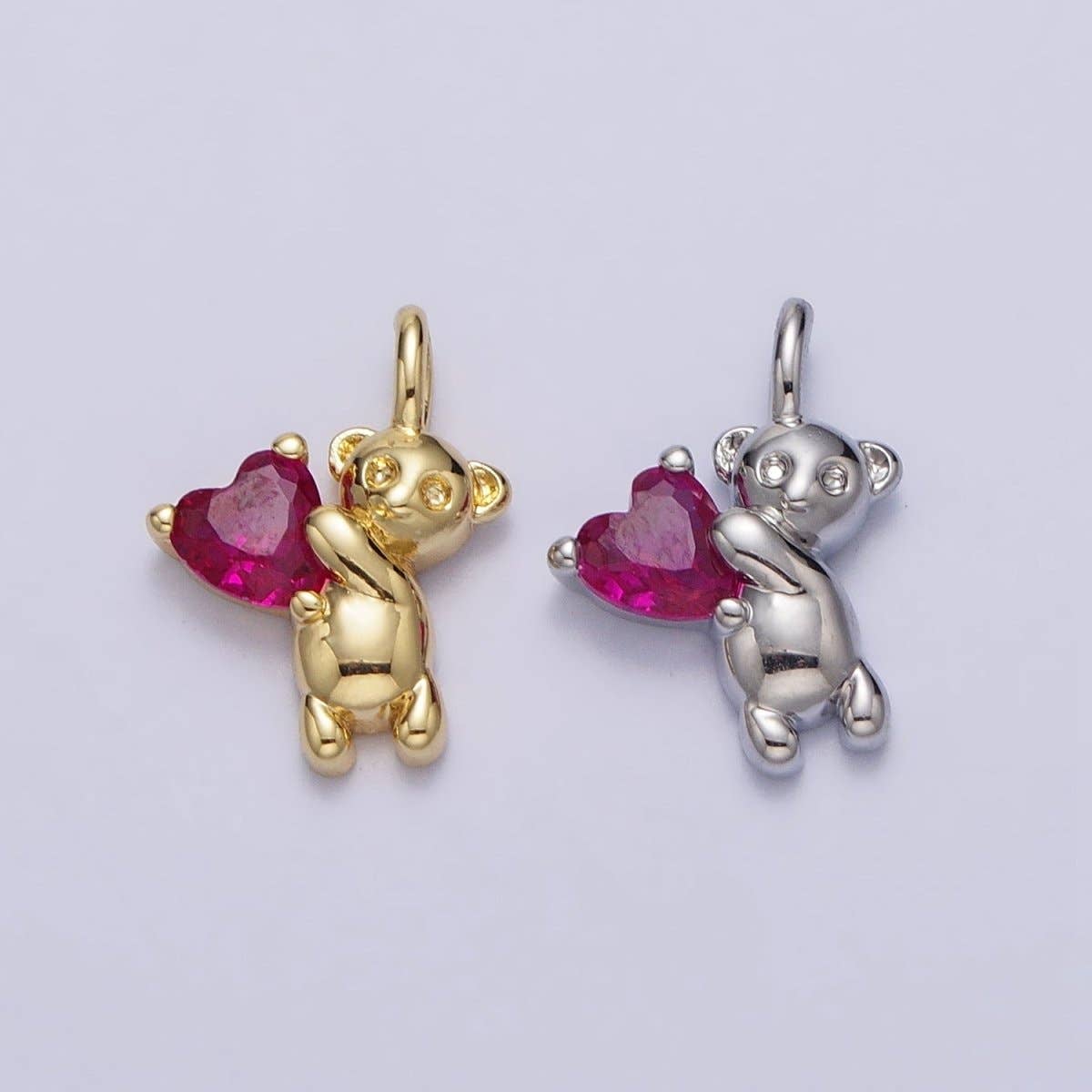 Fuchsia Heart CZ Teddy Bear Mini Charm in Gold & Silver | AC222 AC223: Silver