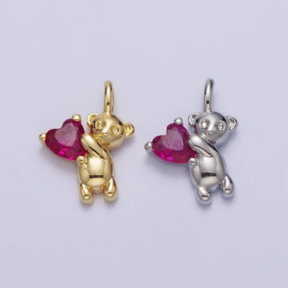 Fuchsia Heart CZ Teddy Bear Mini Charm in Gold & Silver | AC222 AC223: Silver
