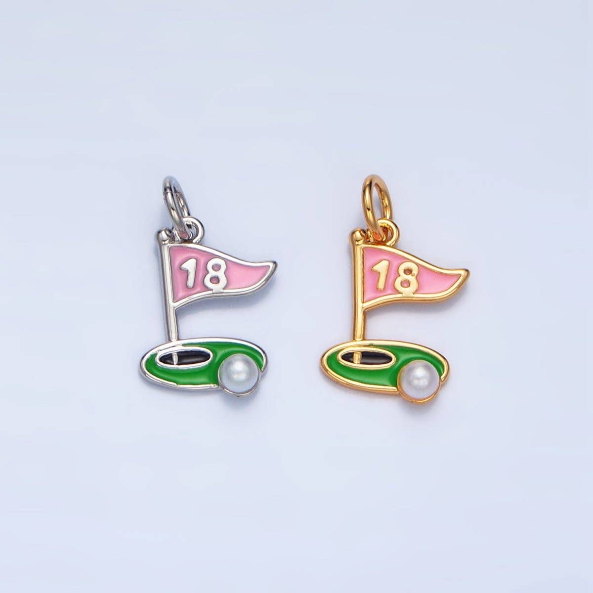 24K Gold Filled Golf Course Pearl Enamel Charm in Gold & Silver | E371: Silver