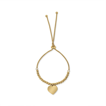 Stainless Steel Adjustable Engravable Heart Beaded Bracelet: Gold