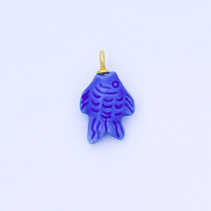 24K Gold Filled 25mm Orange, Red, Yellow, Blue, Green, Teal Fish Ceramic Porcelain Drop Charm | C960 - C963: Blue