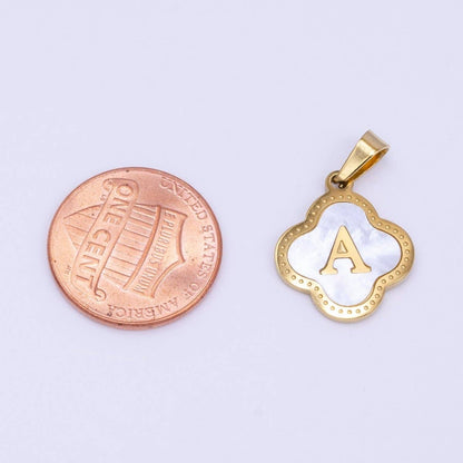 Stainless Steel A-Z Initial Letter Shell Pearl Quatrefoil Clover Silver Pendant Lucky Charm | A-754-A-766: ALL INITIAL