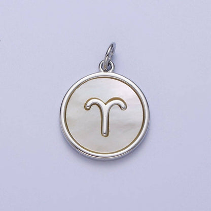 White Gold Filled Zodiac Signs Shell Pearl Round Coin Astrology Horoscope Silver Charm | A-A1731-A-A1736: Leo