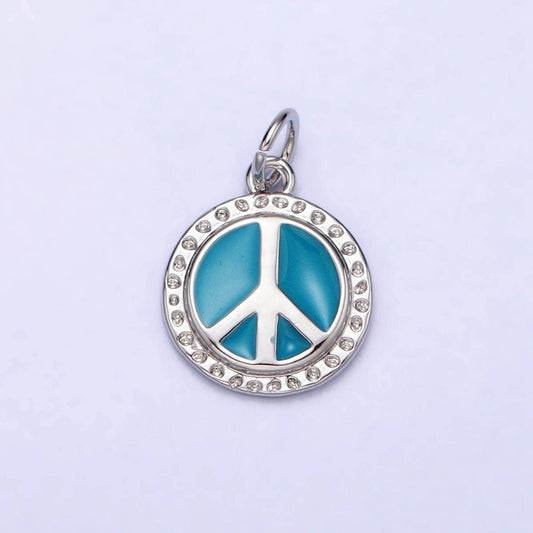 16K Gold Filled Teal Enamel Peace Symbol Round Add-On Charm | AC1284 AC1285: Silver