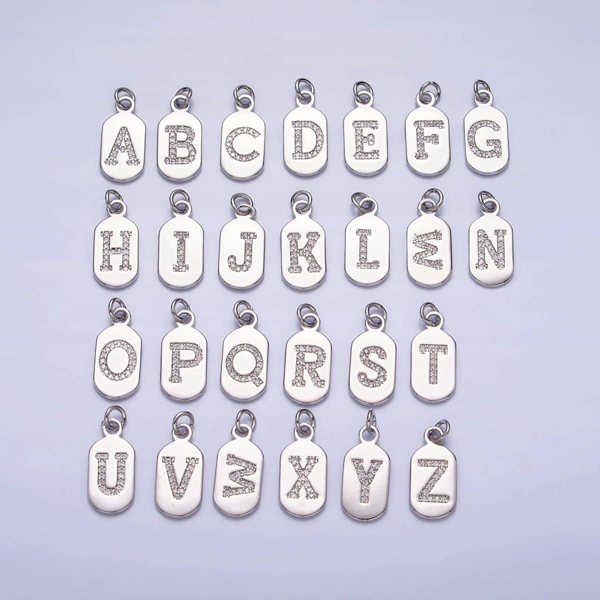 Silver Rectangular Tag CZ Clear Micro Paved Personalized Initial Alphabet Name Tag Charm | A-A1887-A-A1899: ALL INITIAL