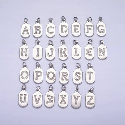 Silver Rectangular Tag CZ Clear Micro Paved Personalized Initial Alphabet Name Tag Charm | A-A1887-A-A1899: ALL INITIAL