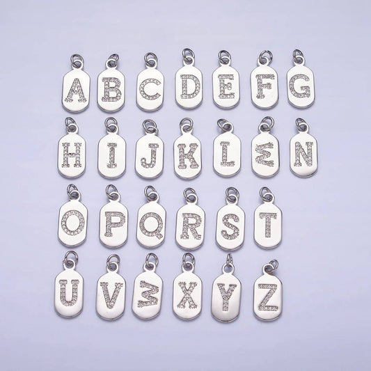 Silver Rectangular Tag CZ Clear Micro Paved Personalized Initial Alphabet Name Tag Charm | A-A1887-A-A1899: ALL INITIAL
