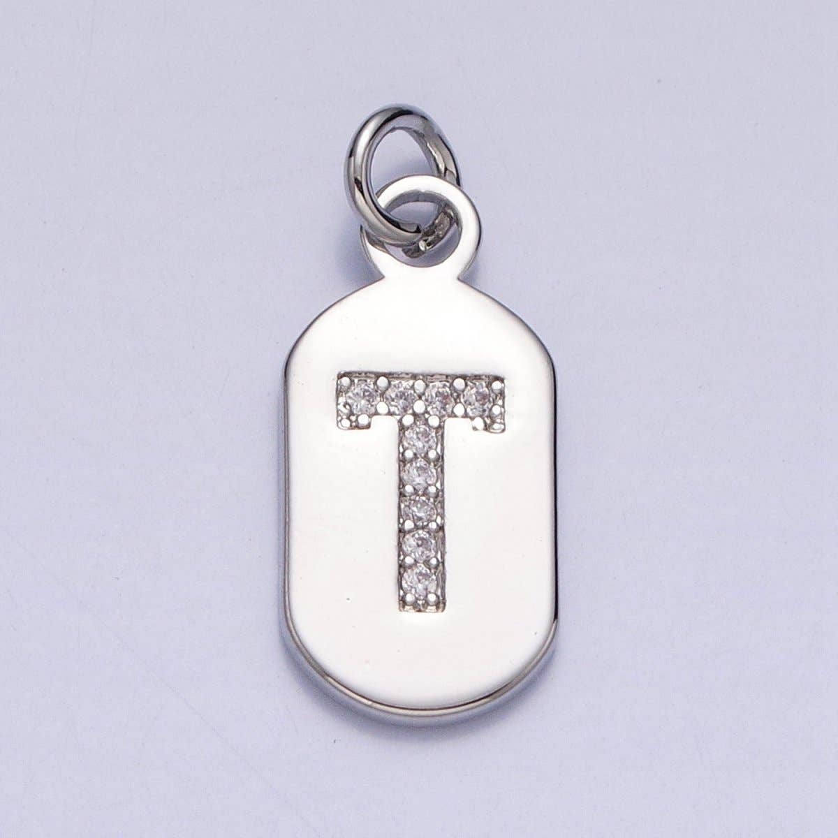 Silver Rectangular Tag CZ Clear Micro Paved Personalized Initial Alphabet Name Tag Charm | A-A1887-A-A1899: ALL INITIAL