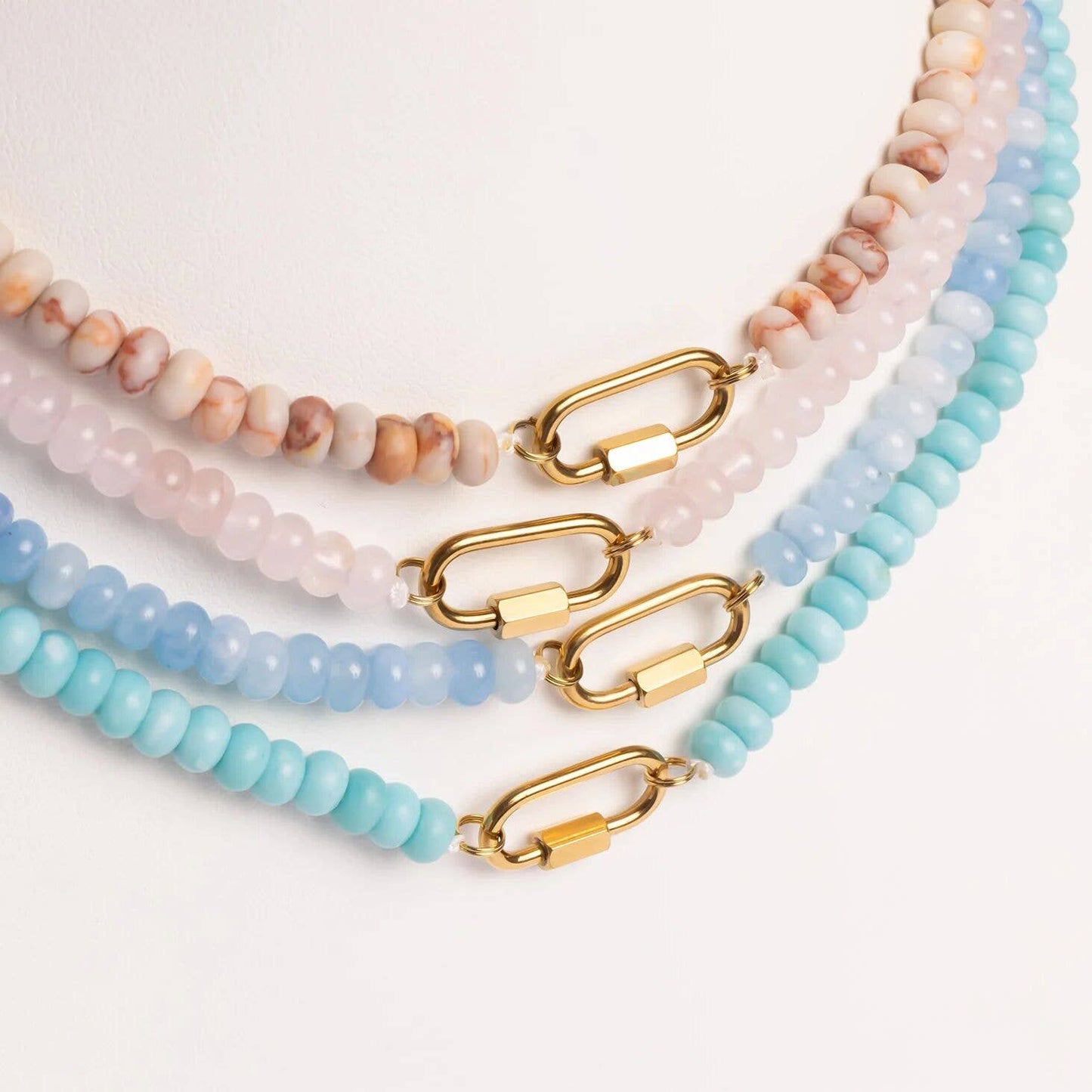 Stainless Steel Turquoise Chunky Bead Carabiner Necklace: Gold