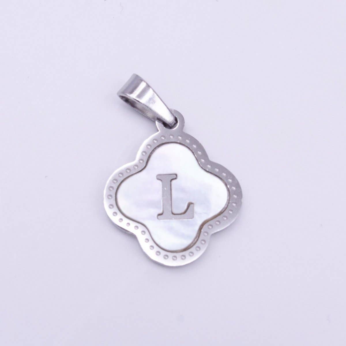 Stainless Steel A-Z Initial Letter Shell Pearl Quatrefoil Clover Silver Pendant Lucky Charm | A-754-A-766: ALL INITIAL
