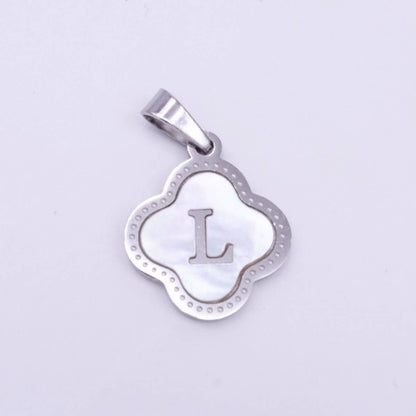 Stainless Steel A-Z Initial Letter Shell Pearl Quatrefoil Clover Silver Pendant Lucky Charm | A-754-A-766: ALL INITIAL