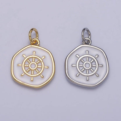 24K Gold Filled Nautical Boat Steering Wheel Helm Round Charm in Gold & Silver N-745 AC-326: Silver