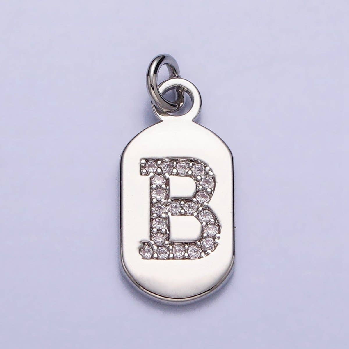 Silver Rectangular Tag CZ Clear Micro Paved Personalized Initial Alphabet Name Tag Charm | A-A1887-A-A1899: ALL INITIAL