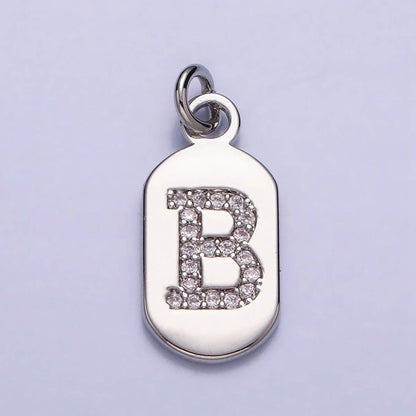 Silver Rectangular Tag CZ Clear Micro Paved Personalized Initial Alphabet Name Tag Charm | A-A1887-A-A1899: ALL INITIAL