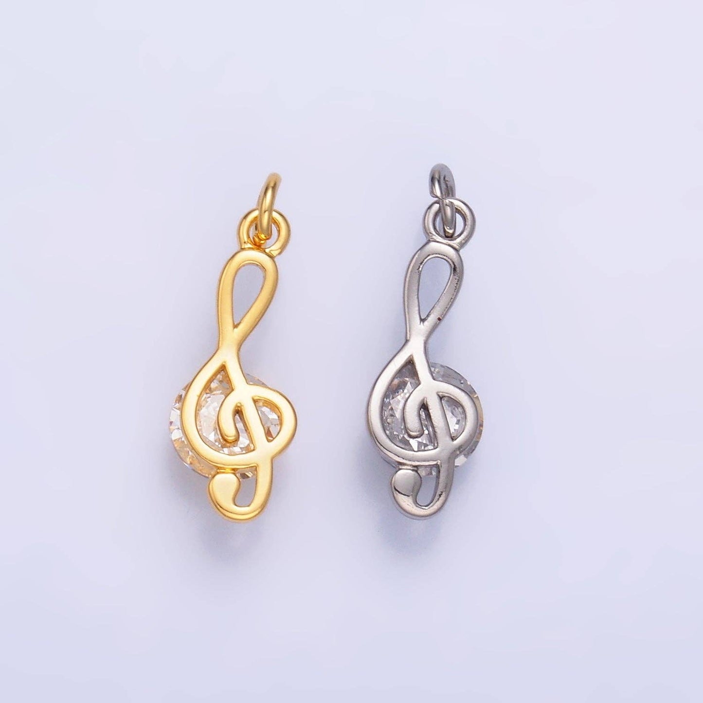 24K Gold Filled CZ Treble Clef Musical Note Charm in Gold & Silver | W890: Silver