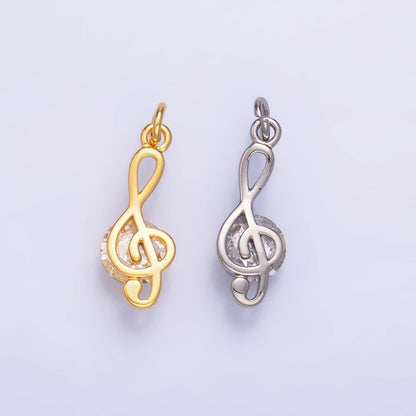 24K Gold Filled CZ Treble Clef Musical Note Charm in Gold & Silver | W890: Silver