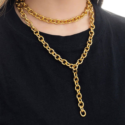 18K Gold PVD Stainless Steel Chunky Chain Lariat Necklace: Gold