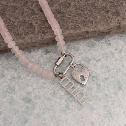 Stainless Steel Pink Chunky Glass Bead Carabiner Necklace: Gold